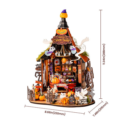 A 3D wooden puzzle model of a Halloween candy shop, shown with dimension lines indicating its height of 11.34 inches (288 mm), width of 8.