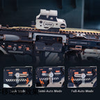 Close-up of a gun with ROKR branding, showing different modes on a dark background.