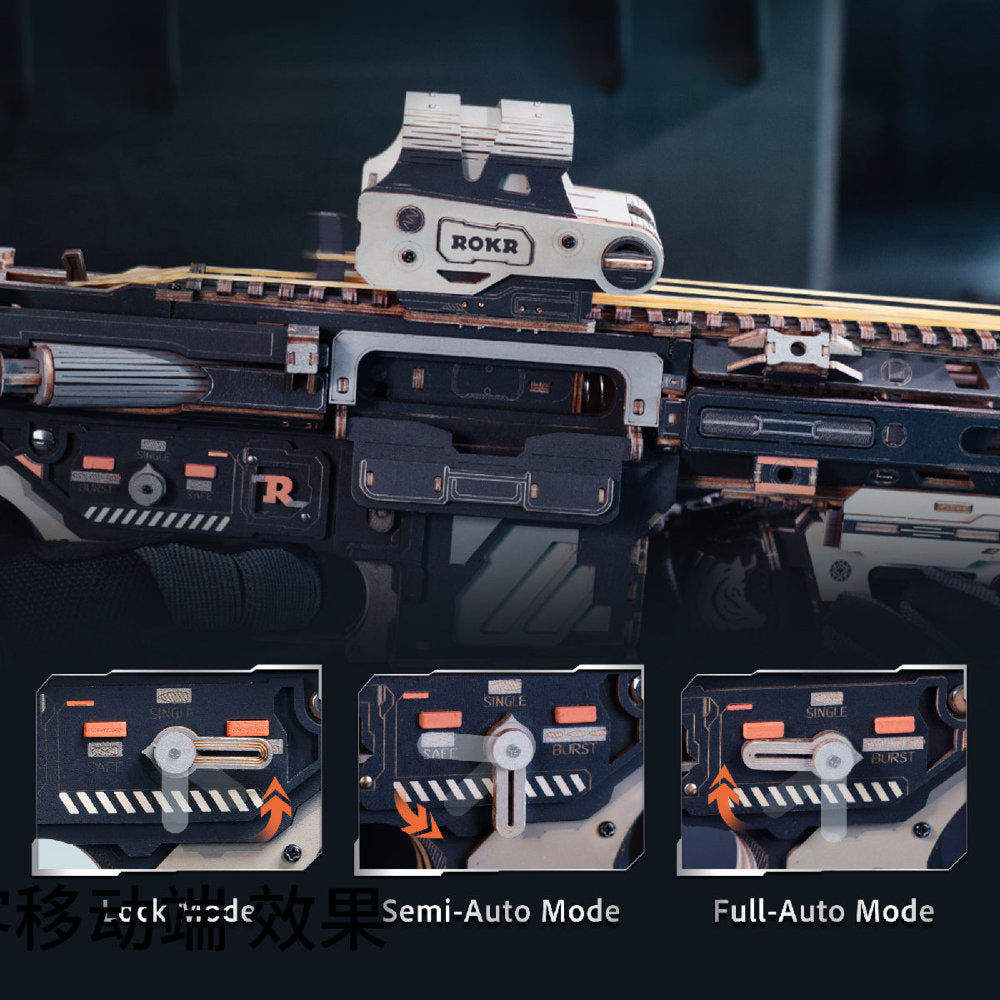 Close-up of a gun with ROKR branding, showing different modes on a dark background.