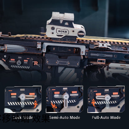 Close-up of a gun with ROKR branding, showing different modes on a dark background.