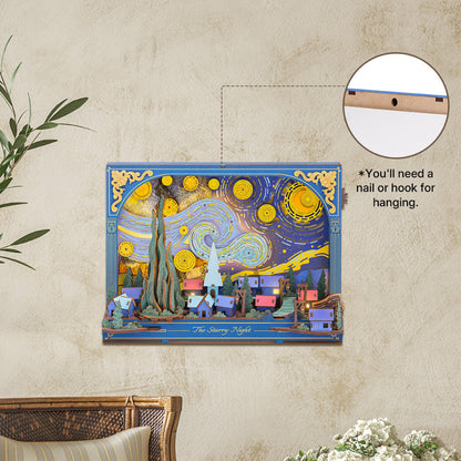 Decorative wall art resembling 'The Starry Night' with a nail or hook instruction on a beige wall.