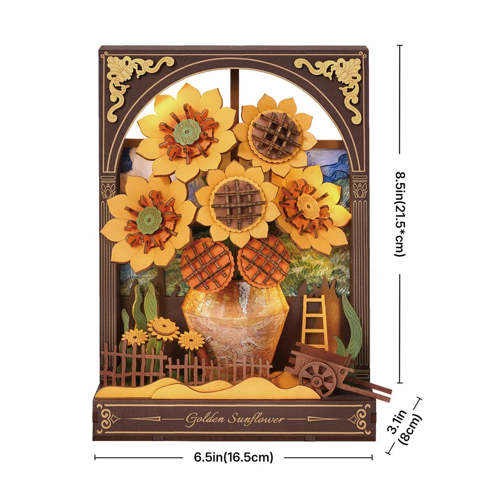 Decorative wall art with sunflowers and measurements on a white background
