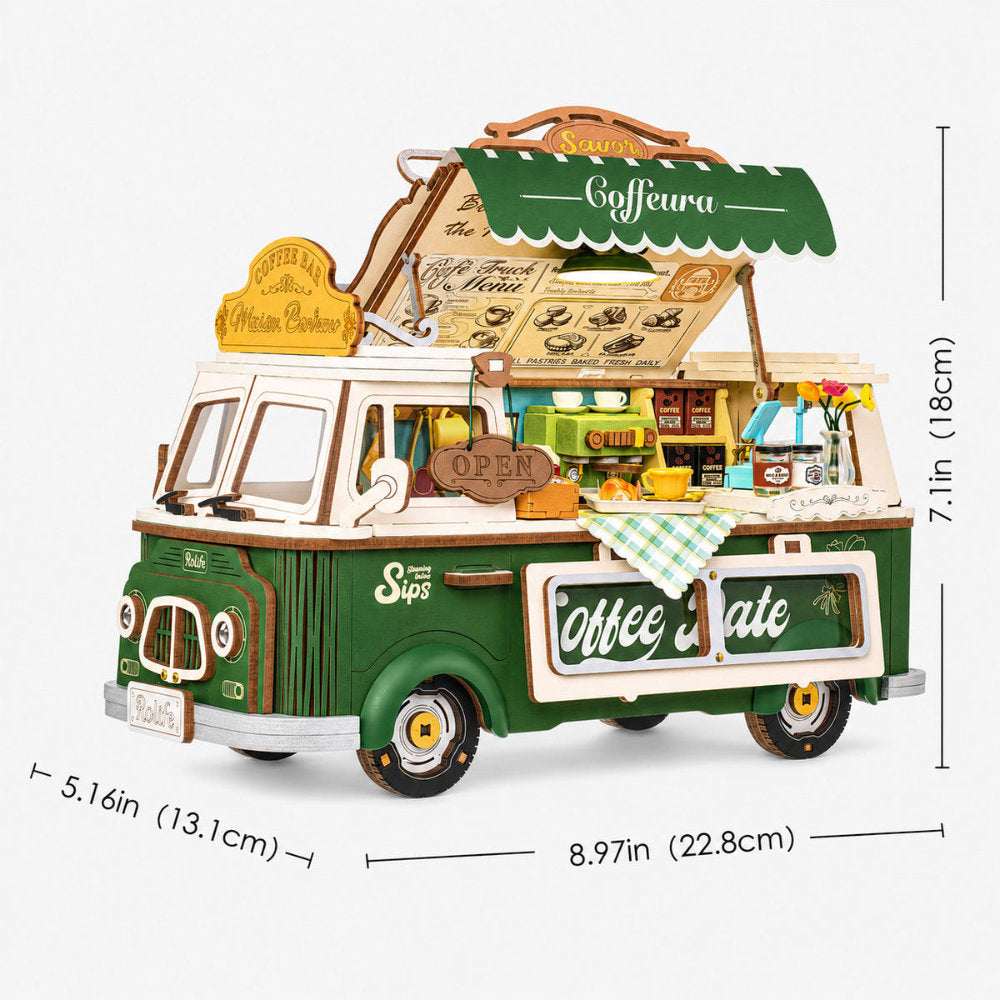 Toy coffee truck model with detailed interior and dimensions on a white background