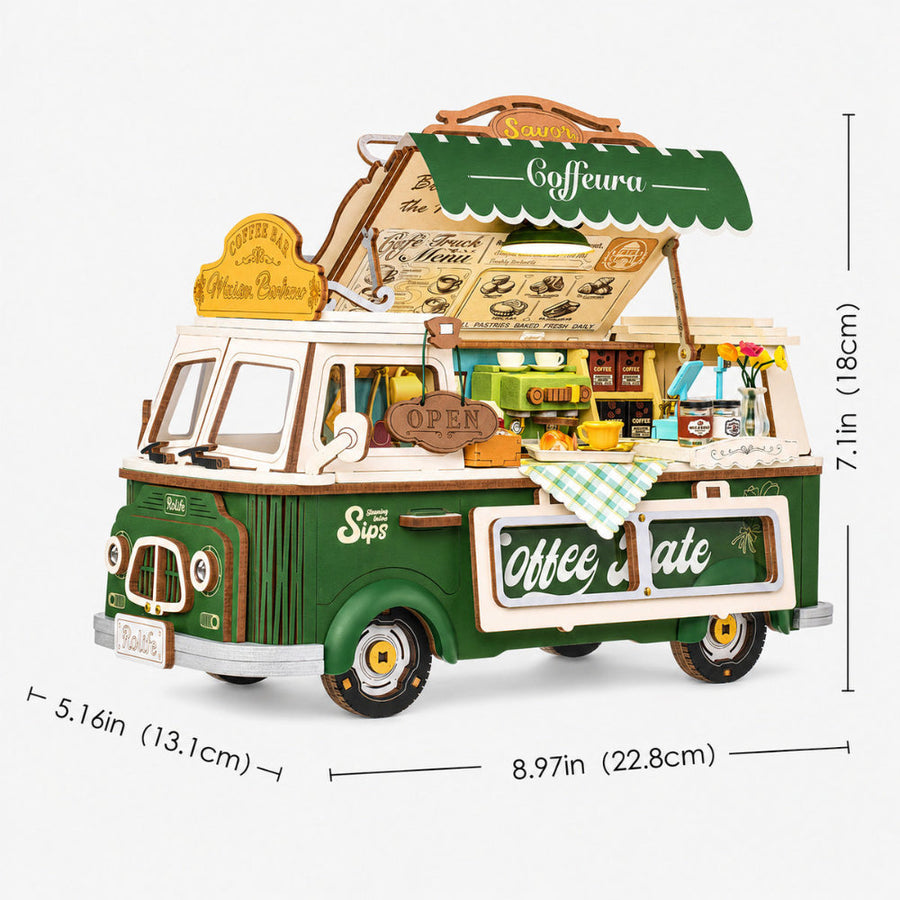 Toy coffee truck model with detailed interior and dimensions on a white background