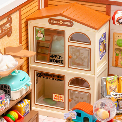 Wooden-Town - Furry Friends’ Home Miniature Dollhouse Kit with LED Light