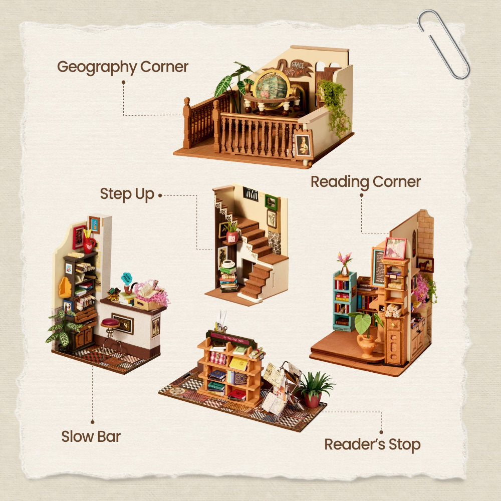 A collage showing five miniature room/interior design views labeled Geography Corner, Step Up, Reading Corner, Slow Bar, and Reader's Stop, arranged on a torn-paper background with a paperclip icon in the corner.