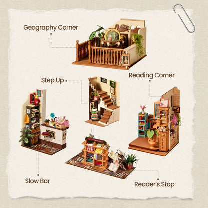 A collage showing five miniature room/interior design views labeled Geography Corner, Step Up, Reading Corner, Slow Bar, and Reader's Stop, arranged on a torn-paper background with a paperclip icon in the corner.