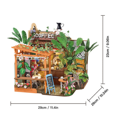 A miniature coffee shop DIY model kit shown with dimension lines and measurements (29cm x 26cm x 23cm) on a plain white background.