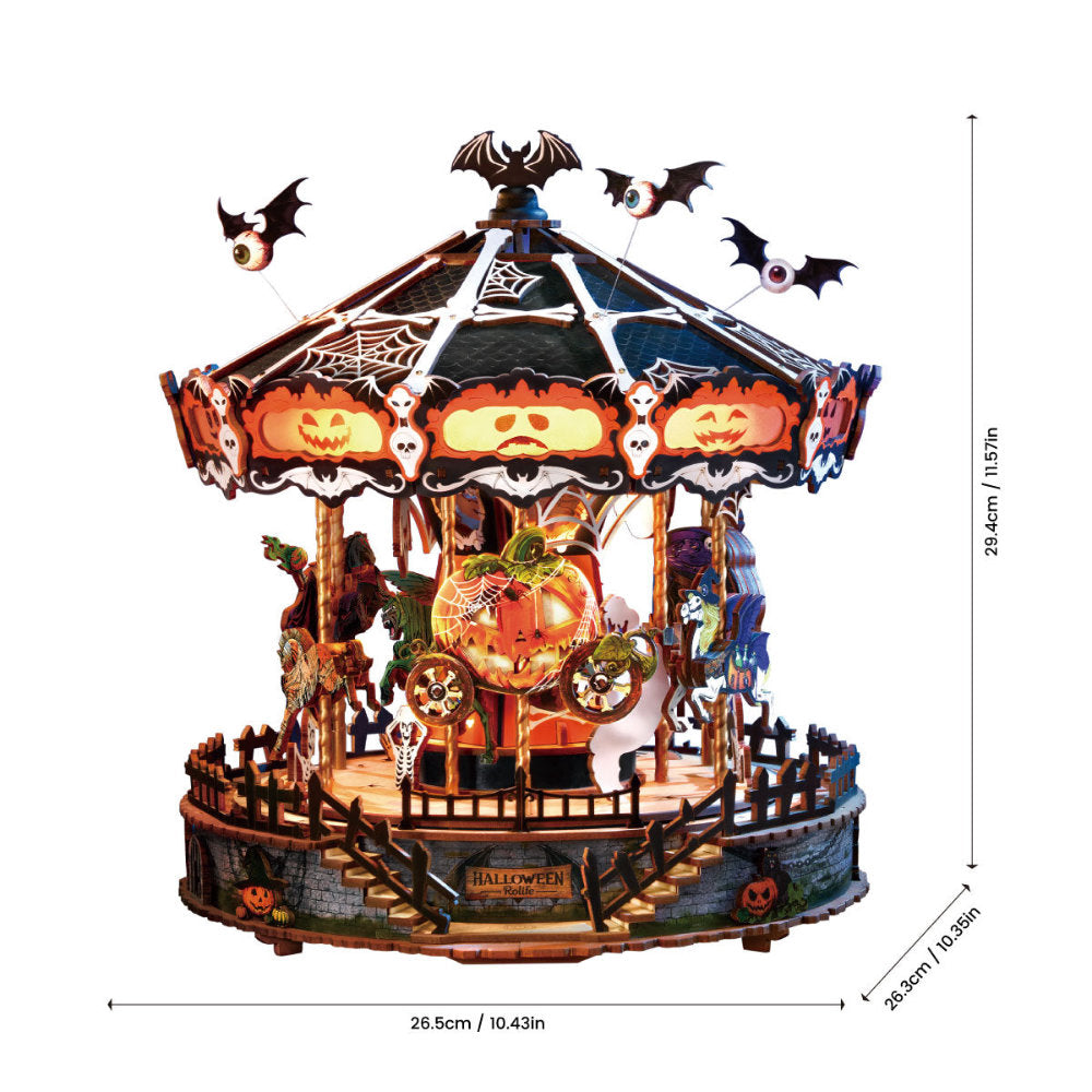 Wooden-Town Phantom Waltz Halloween Carousel DIY Music Box with LED Light – 402 Pieces