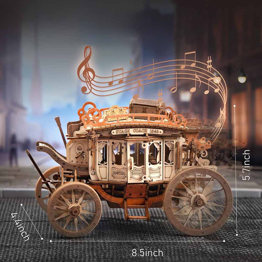 Stagecoach Mechanical Music Box — Beige/Brown Laser-Cut Wood, Wind