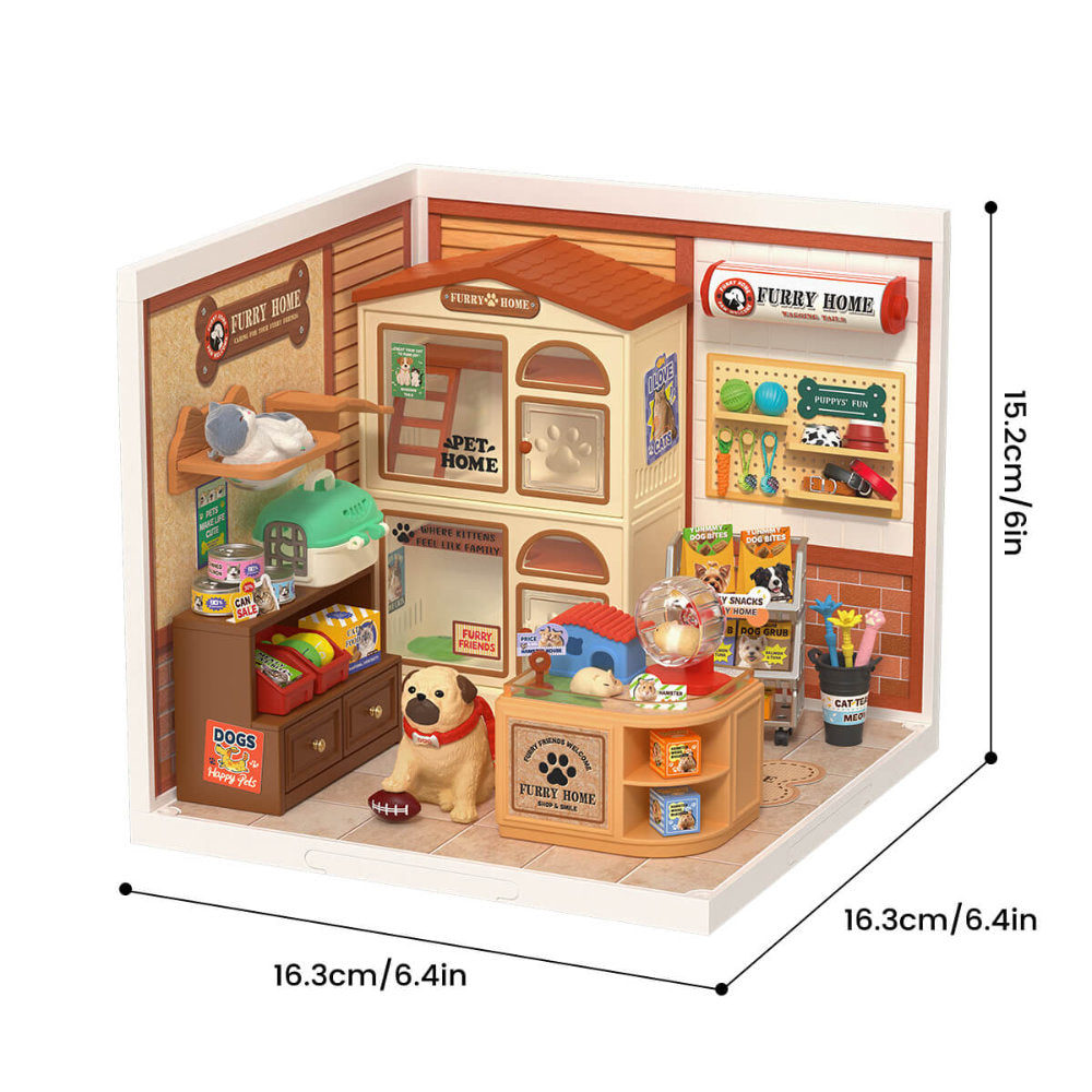 Wooden-Town - Furry Friends’ Home Miniature Dollhouse Kit with LED Light