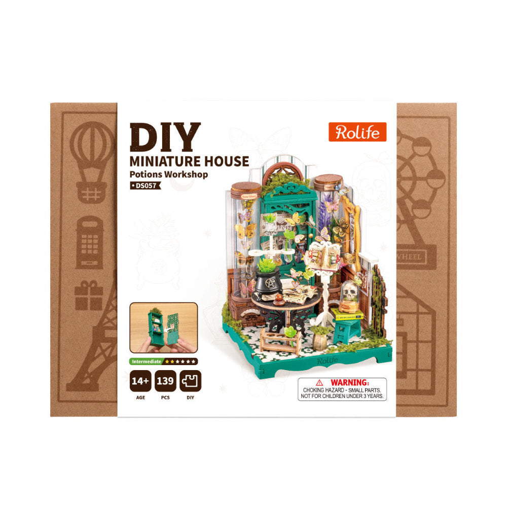 Rolife DIY Miniature House N20523 building kit packaging, featuring a white front with product details and a photo of the assembled miniature house, flanked by brown cardboard side panels with architectural illustrations.