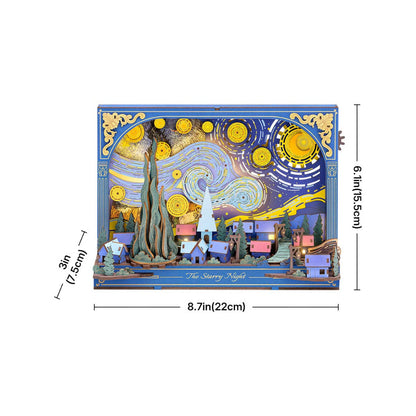 Decorative box with 'The Starry Night' design, featuring dimensions on a white background.