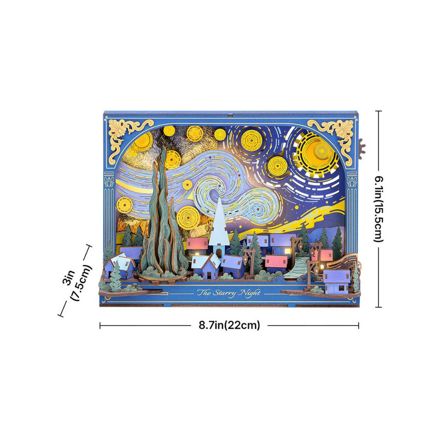 Decorative box with 'The Starry Night' design, featuring dimensions on a white background.