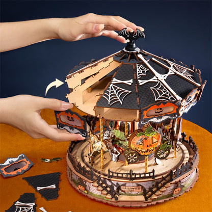 Wooden-Town Phantom Waltz Halloween Carousel DIY Music Box with LED Light – 402 Pieces