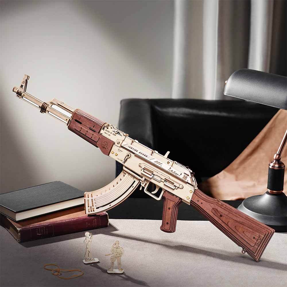 Birch Wood AK‑Style Rubber Band Gun Kit (Natural/Brown) — DIY No
