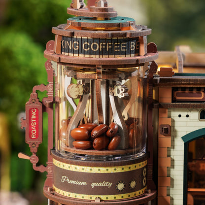 Detailed model of a coffee roasting machine with beans and mechanical components.