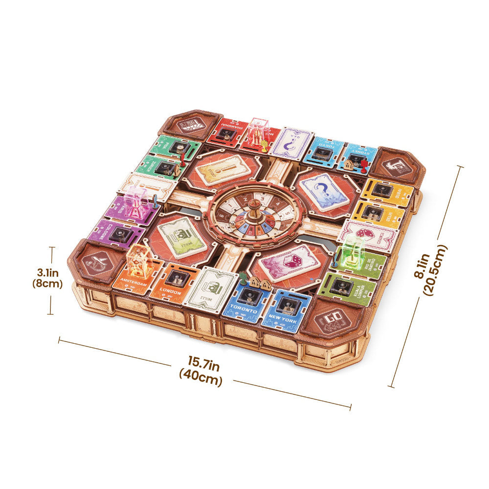 A 3D wooden puzzle box shown from an elevated angle with dimension lines and text indicating its measurements: 15.7 inches by 8.