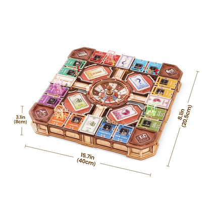 A 3D wooden puzzle box shown from an elevated angle with dimension lines and text indicating its measurements: 15.7 inches by 8.