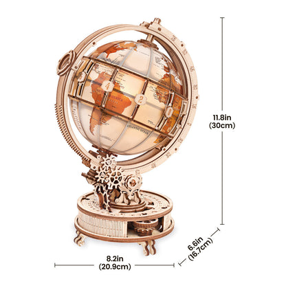 Wooden globe model with mechanical gears and measurements on a white background