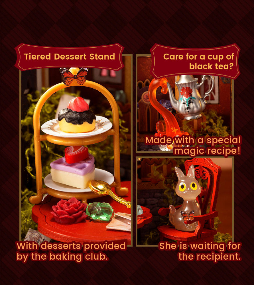 A promotional collage for a miniature toy dessert stand and tea-themed accessories. The left panel shows a tiered dessert stand holding small cakes and pastries, with text reading 'Tiered Dessert Stand' and 'With desserts provided by the baking club.