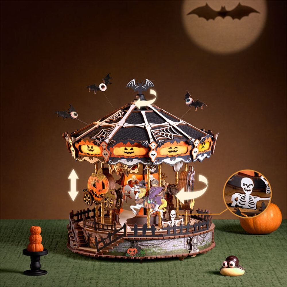 Wooden-Town Phantom Waltz Halloween Carousel DIY Music Box with LED Light – 402 Pieces
