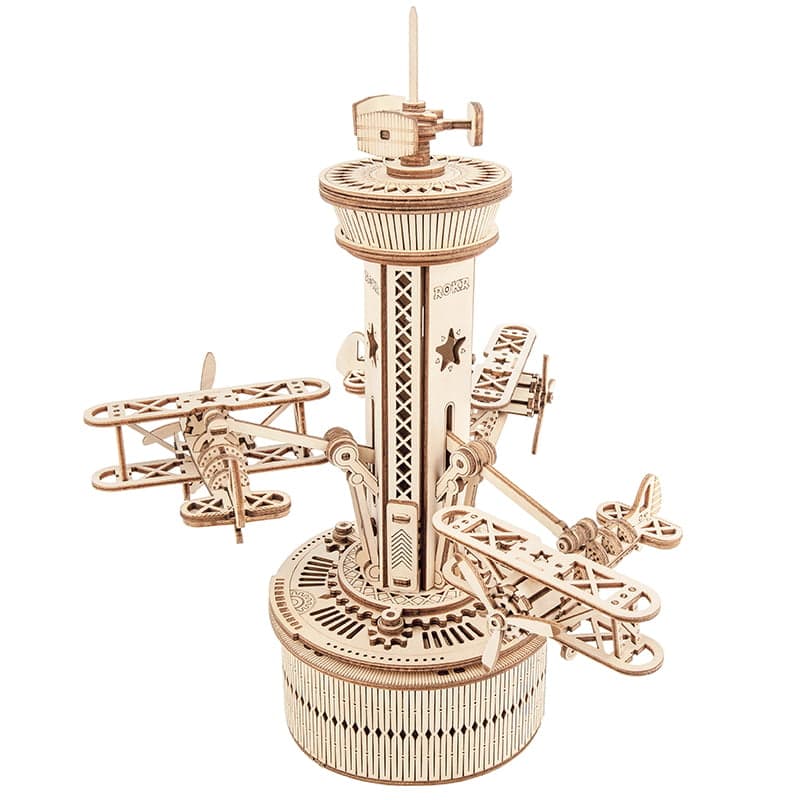 Air-Control Tower Music Box — Birch Plywood Wind‑Up Model with Moving Airplanes