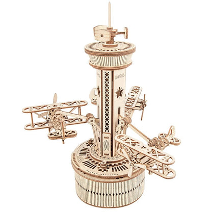Air-Control Tower Music Box — Birch Plywood Wind‑Up Model with Moving Airplanes
