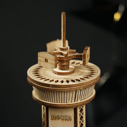 Air-Control Tower Music Box — Birch Plywood Wind‑Up Model with Moving Airplanes