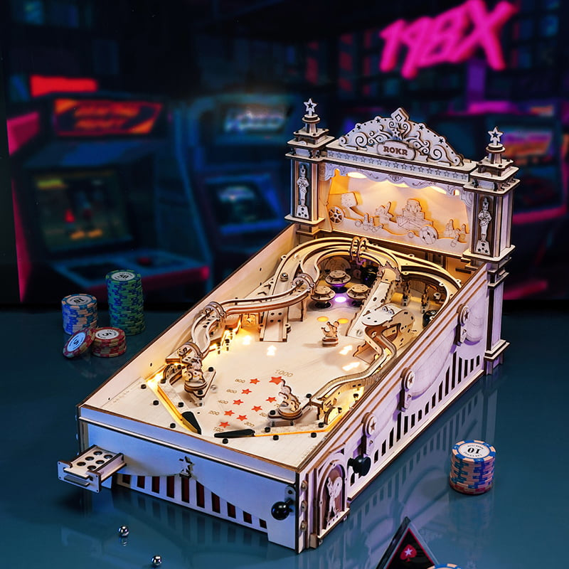 Natural Wood 3D Pinball Model — Laser-Cut Wood Tabletop Kit (482 pcs) – 3D wooden model kit