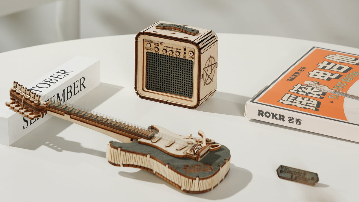 Natural Wood Electric Guitar Model Kit with Amp — Plywood, 289 Pieces – view 5