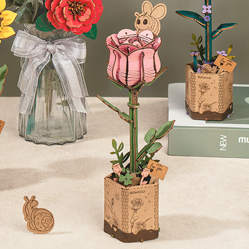 Pink Rose Wooden Flower Assembly Kit – Craft Your Own Elegant Floral Decor – view 2