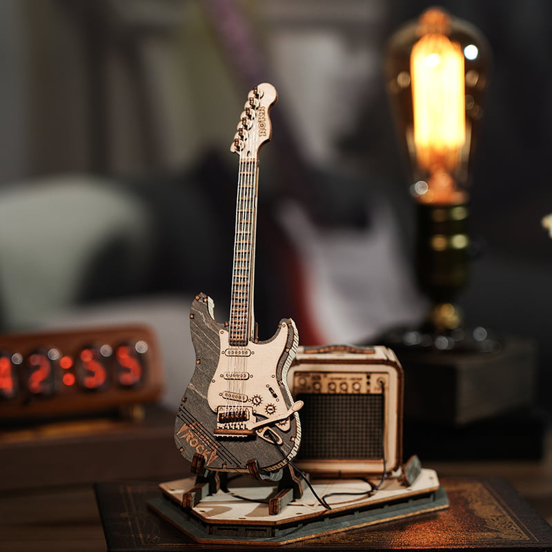 Natural Wood Electric Guitar Model Kit with Amp — Plywood, 289 Pieces – view 2