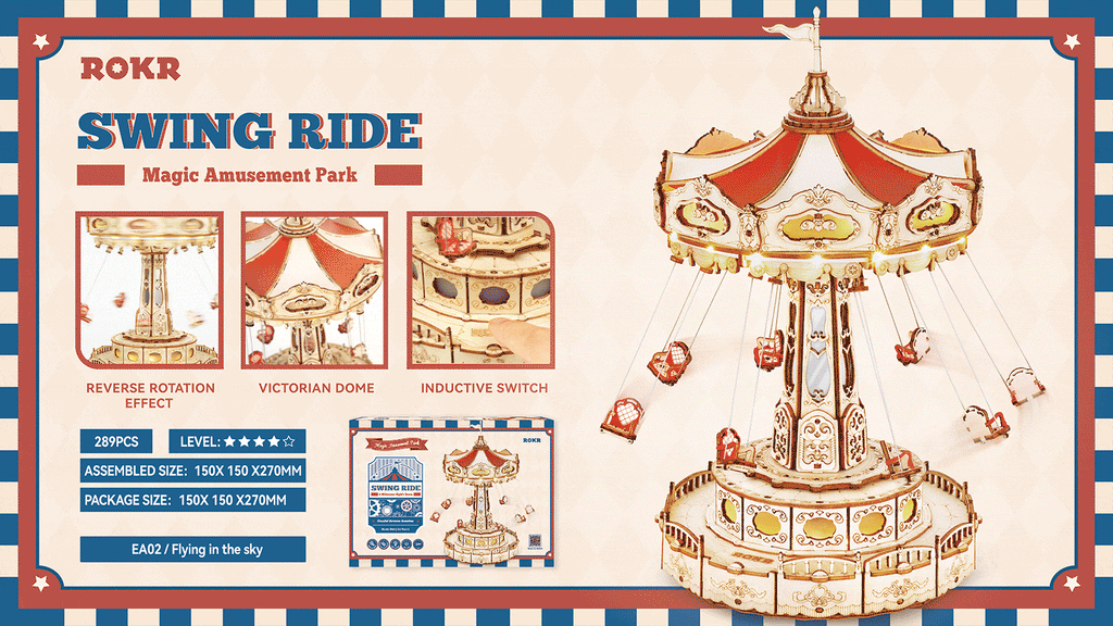 Swing Ride — Vintage Carousel Plywood Model Kit (Red • Beige • Gold) – view 5