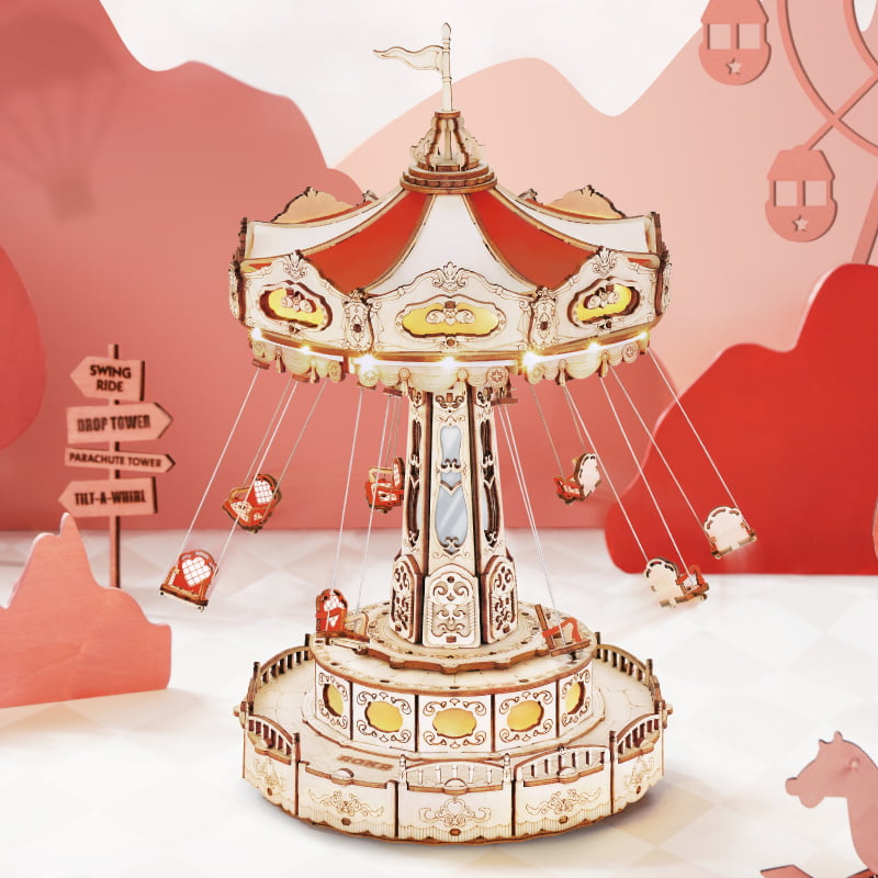 Swing Ride — Vintage Carousel Plywood Model Kit (Red • Beige • Gold) – view 6