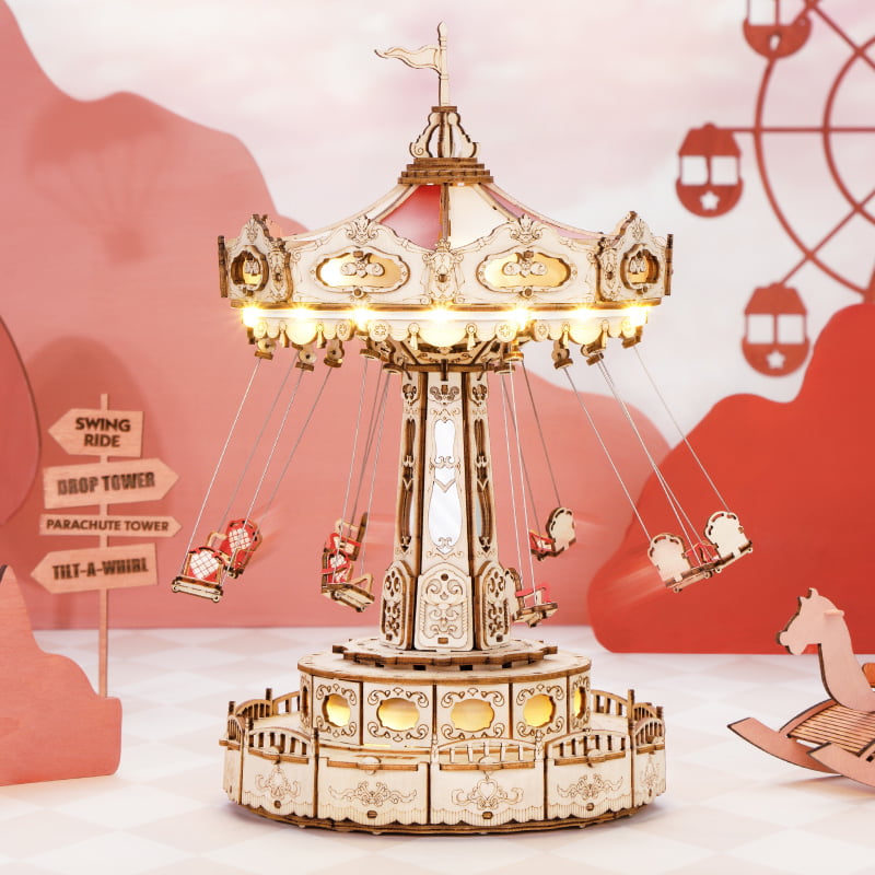 Swing Ride — Vintage Carousel Plywood Model Kit (Red • Beige • Gold)