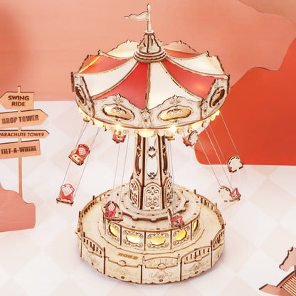 Swing Ride — Vintage Carousel Plywood Model Kit (Red • Beige • Gold)