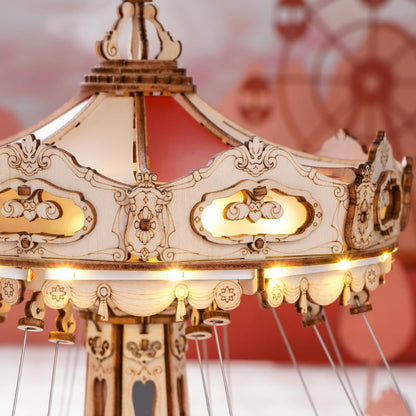 Swing Ride — Vintage Carousel Plywood Model Kit (Red • Beige • Gold)