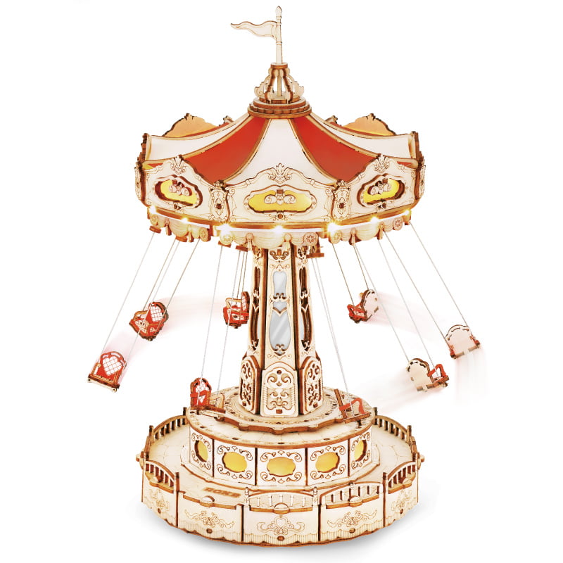 Swing Ride — Vintage Carousel Plywood Model Kit (Red • Beige • Gold) – 3D wooden model kit