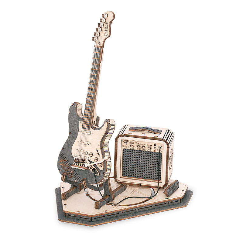 Natural Wood Electric Guitar Model Kit with Amp — Plywood, 289 Pieces – 3D wooden model kit
