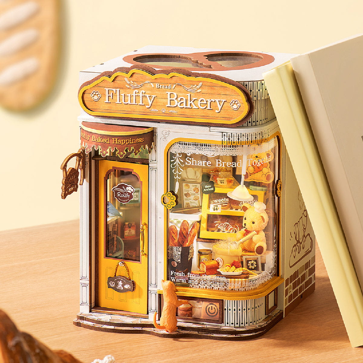 Wooden-Town - Fluffy Bakery 3D Wooden Puzzle Book Nook with LED Light2