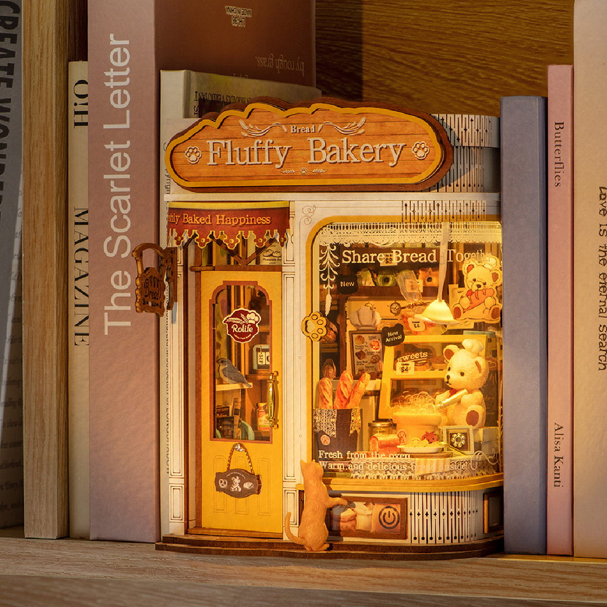 Wooden-Town - Fluffy Bakery 3D Wooden Puzzle Book Nook with LED Light8