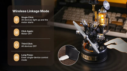 Mechanical model with control panel and keyboard in the background