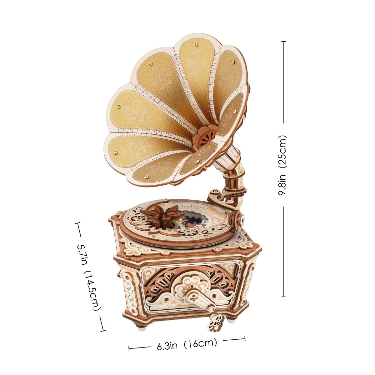 Vintage-style wooden gramophone with measurements on a white background