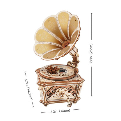 Vintage-style wooden gramophone with measurements on a white background