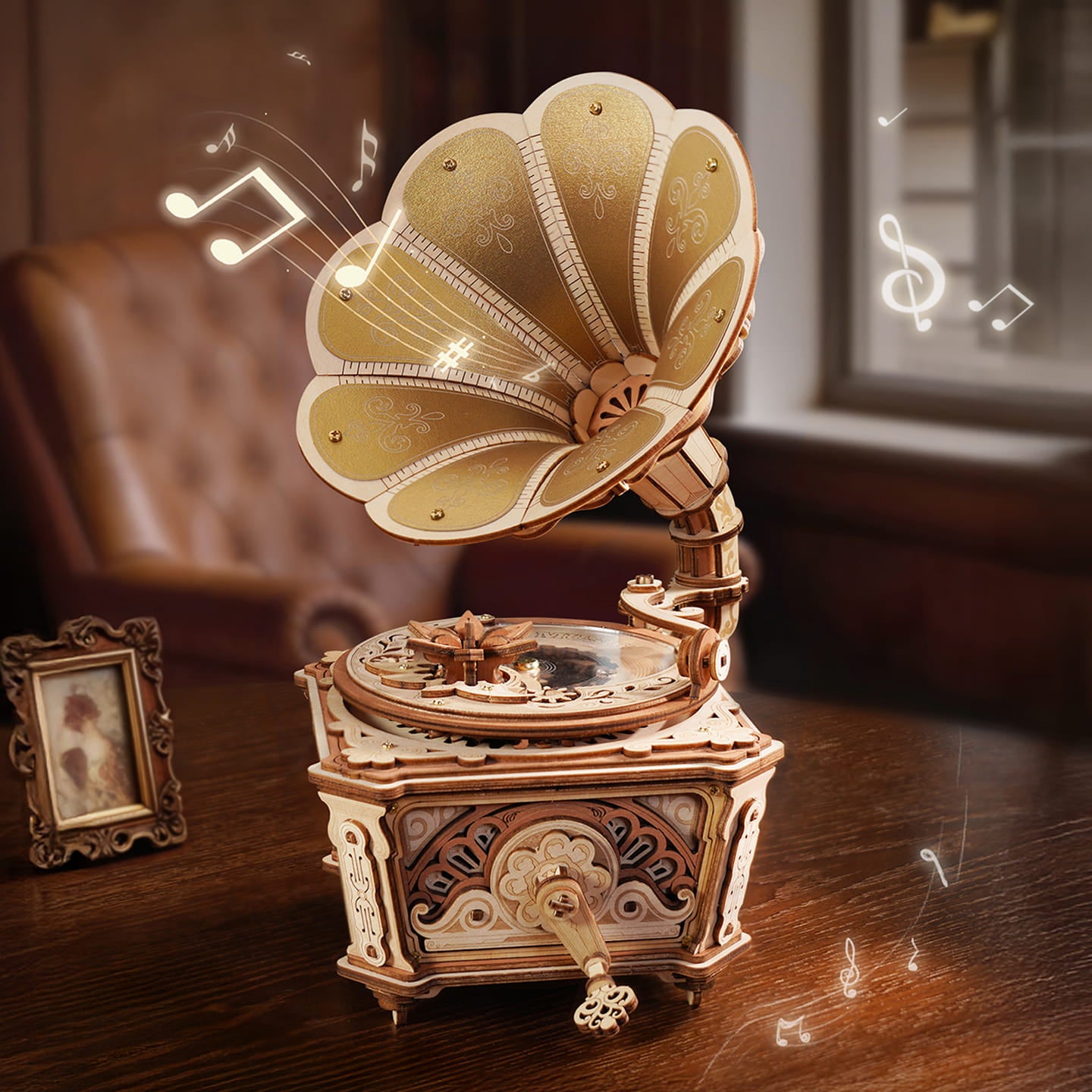 Vintage-style gramophone on a wooden surface with musical notes around it.
