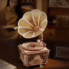 Vintage-style music box on a wooden surface with a blurred background