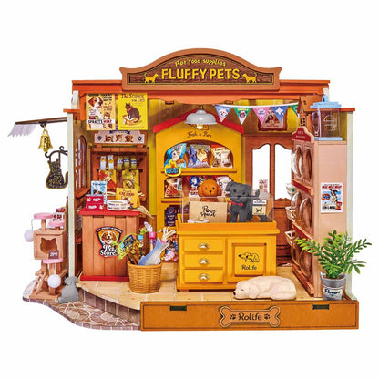 Wooden-Town Fluffy Friends Store DIY Miniature Pet Shop Kit with LED Light1