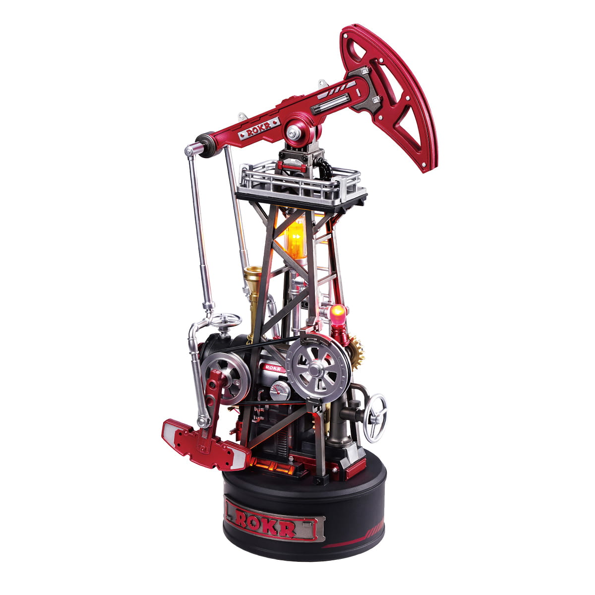 Model of a mechanical oil pumpjack on a white background
