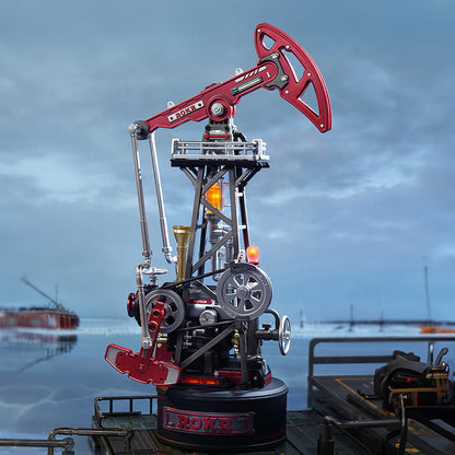 Model of an oil pumpjack with a blurred industrial background